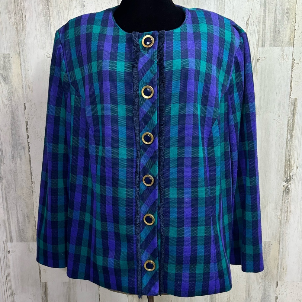 Leslie Fay Vintage Plus Size Plaid Blue and Green Blazer‎